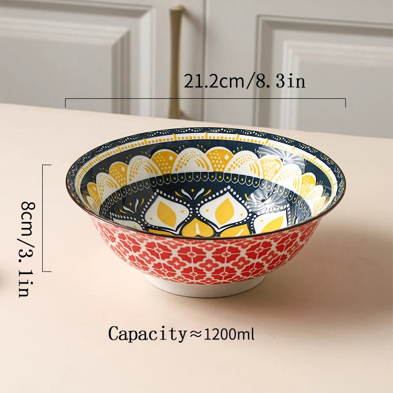Bohemian Ceramic Soup Bowl Set, Microwave And Dishwasher Safe, Ramen Pasta Bowls