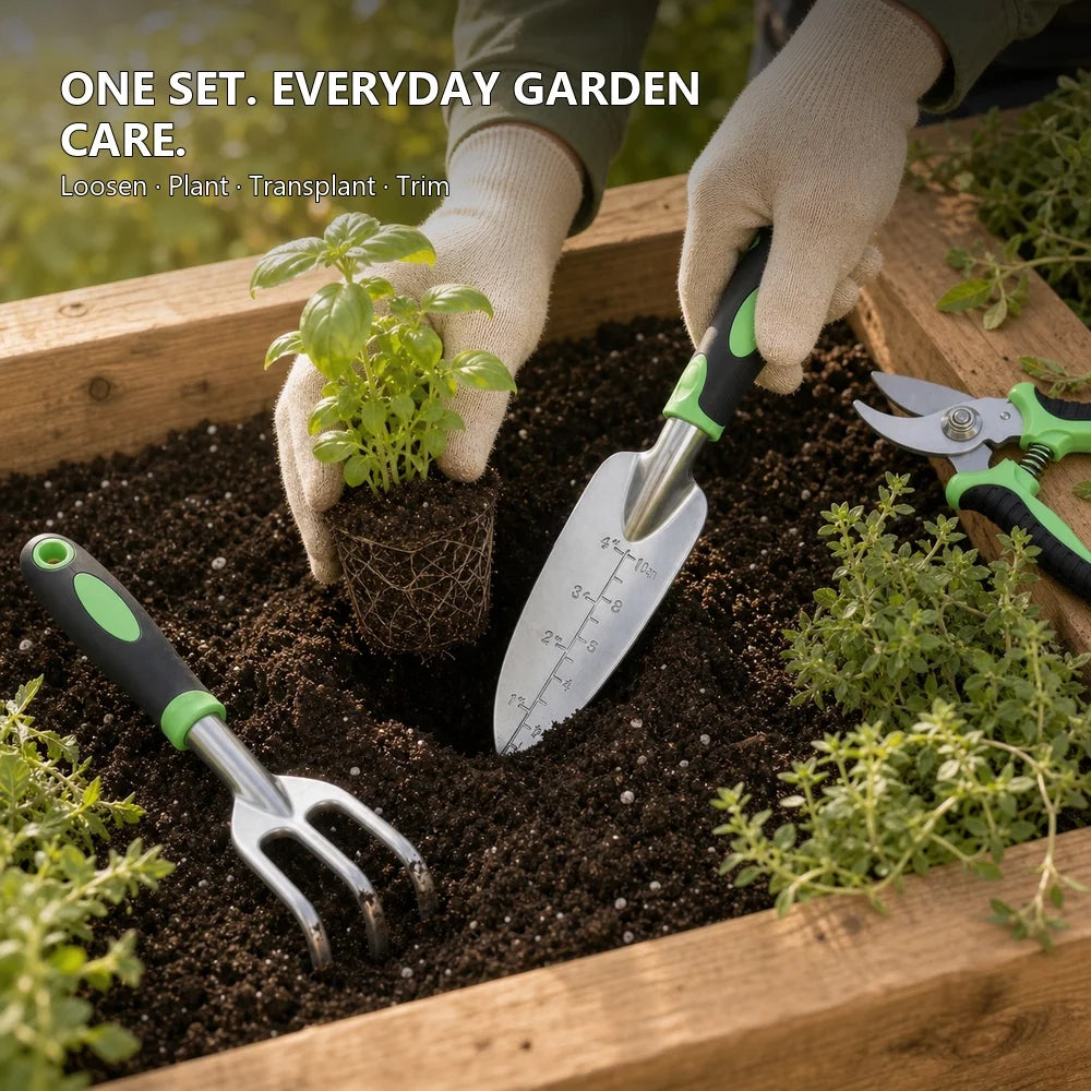 3 Piece Garden Tool Set Aluminum Alloy Gardening Hand Tools Kit with Transplanting Trowel 3 Tine Hand Rake Cultivator and Bypass Pruning Shears Ergonomic Non Slip Handles for Planting Digging Weeding and Trimming