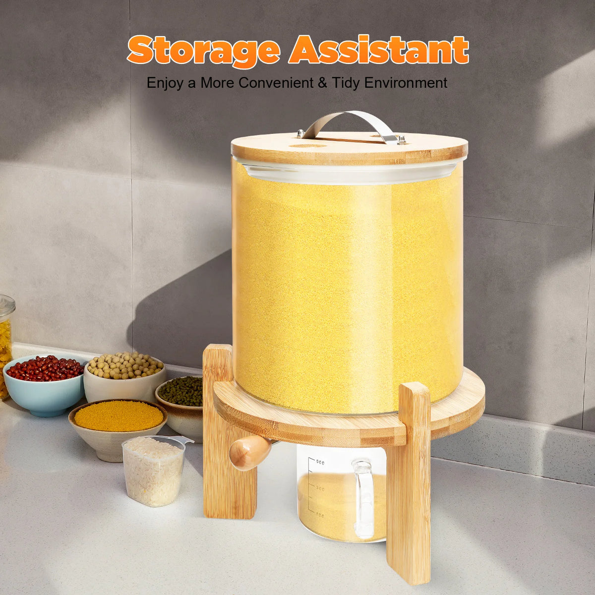 5L 1.32Gal Airtight Cereal Dispenser Stainless Steel Glass Silicone Bamboo Measuring Cup Moisture Proof Grain Storage Container