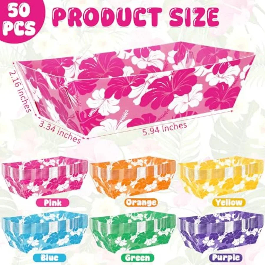 Luau Party Disposable Hibiscus Paper Trays And Aloha Serving Boats