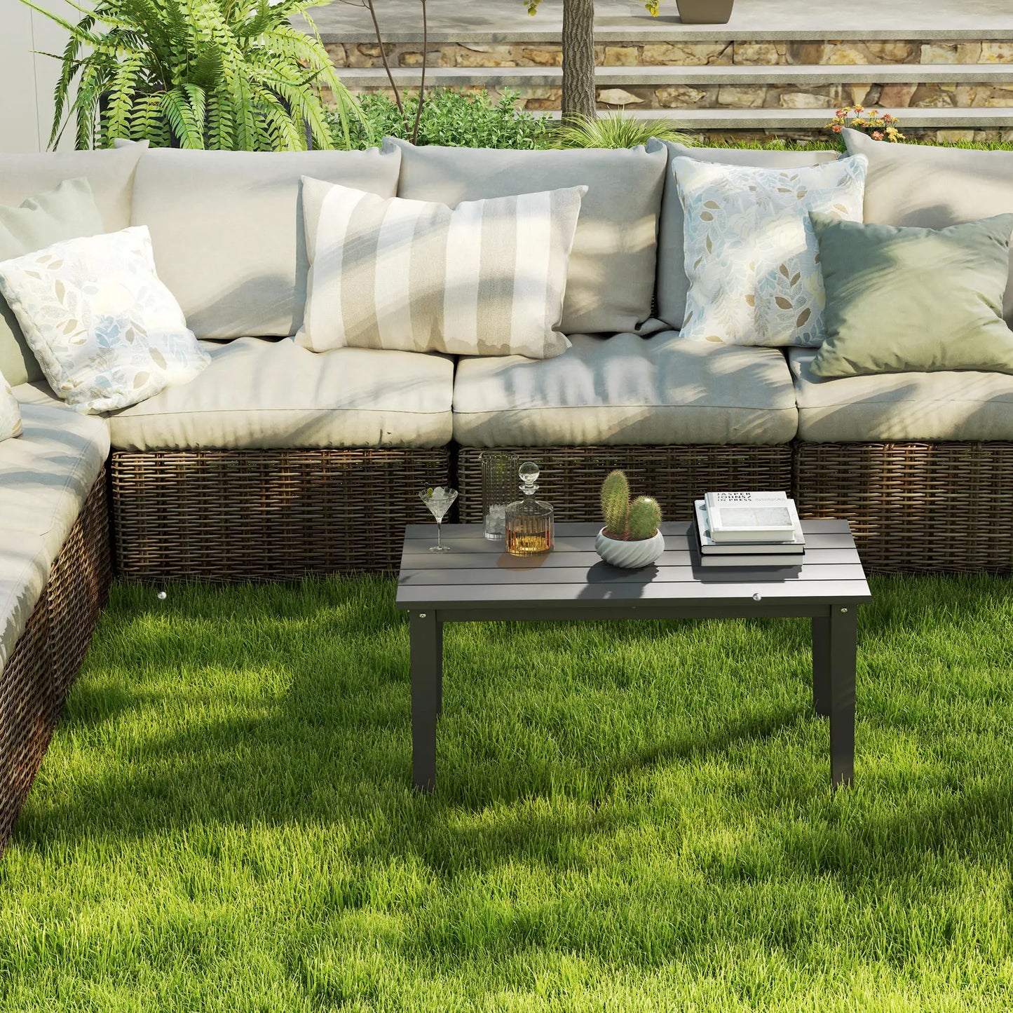 Hdpe Outdoor Coffee Table, Rectangle Slatted Patio Table, Black