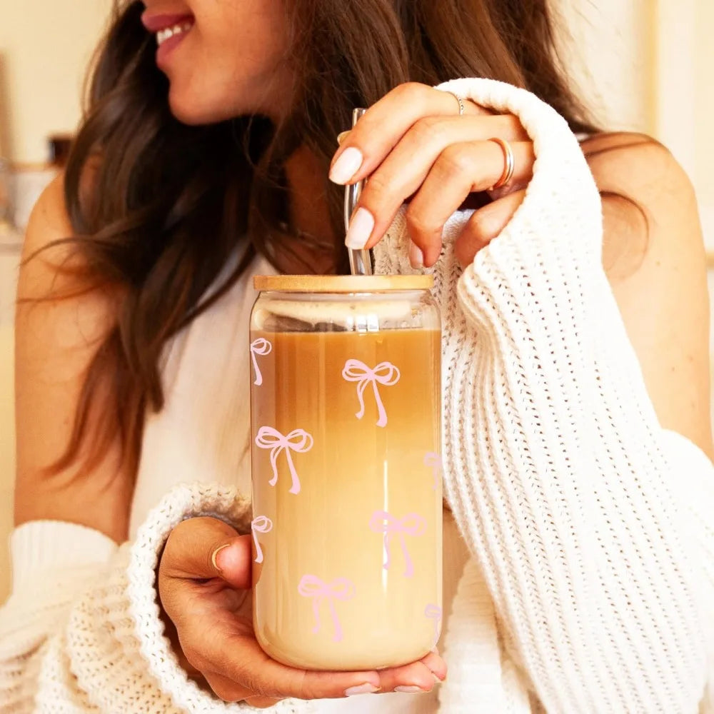Glass Cup With Lid And Straws Aesthetic Preppy Tumbler Gift