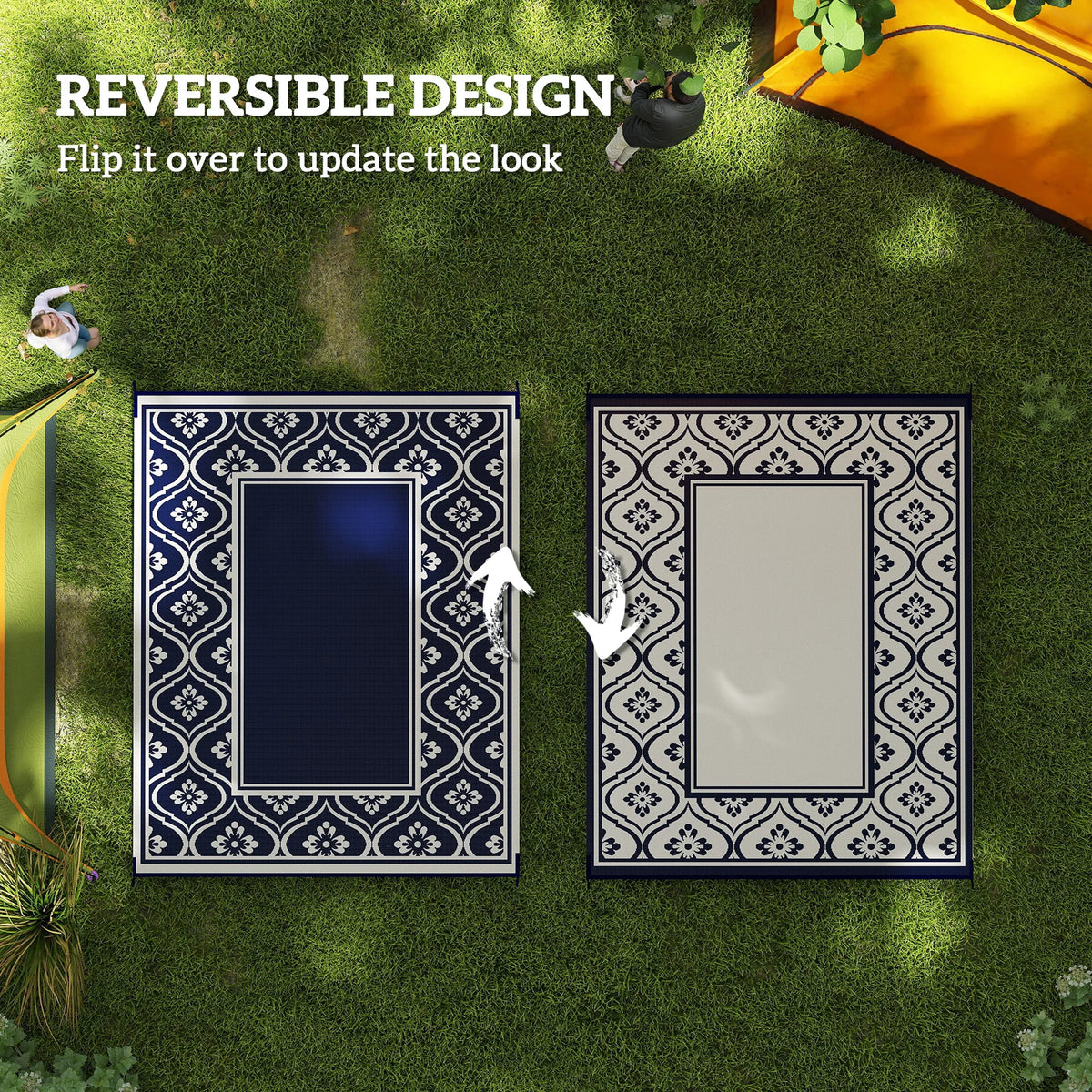 Outdoor Rug, 8' x 10' Plastic Straw, Blue White Gourd Border