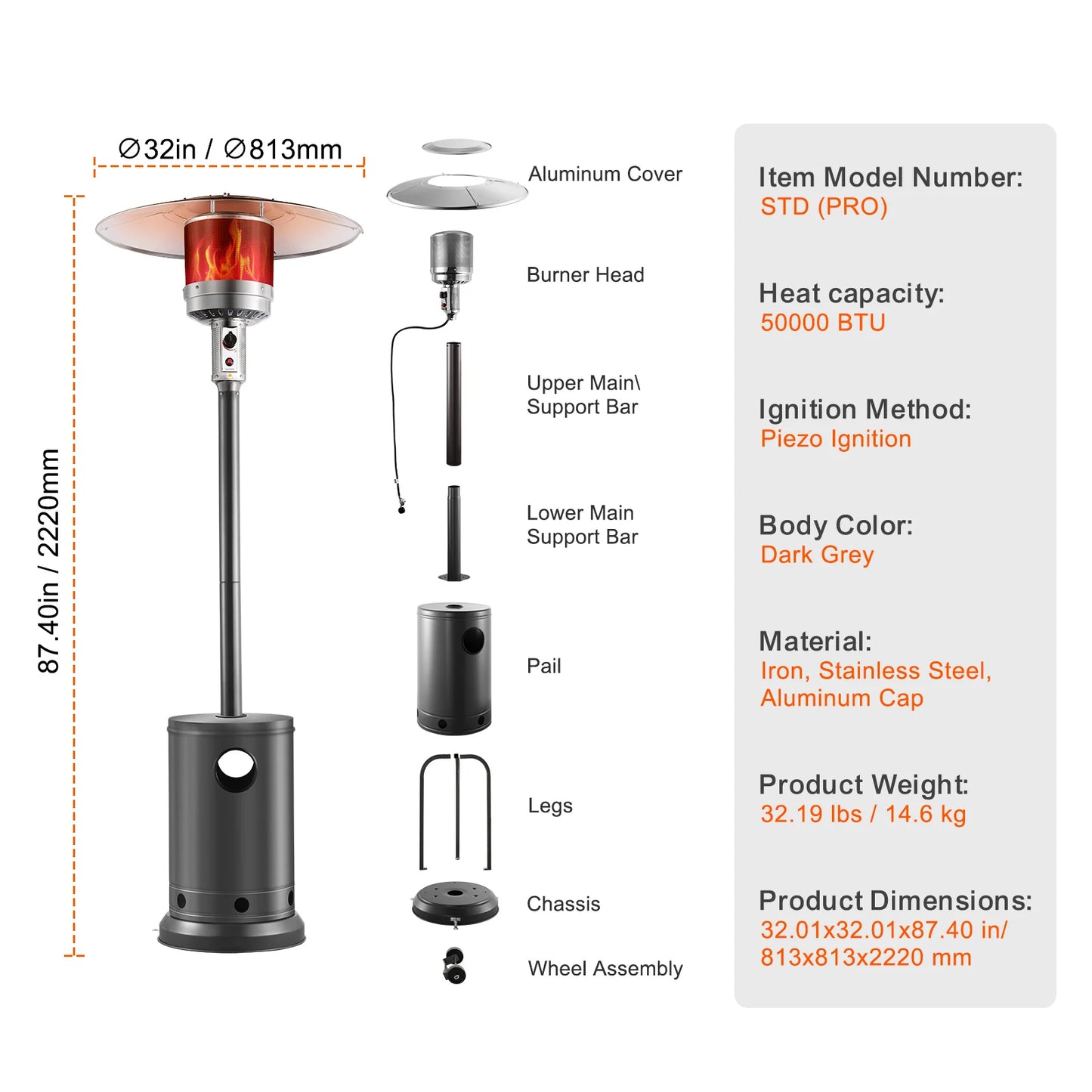 SucceBuy Patio Heater for Outdoor Use Tall Hammered With Round Table Design Metal Burner and Wheels Fixed Flame Heater for Patio