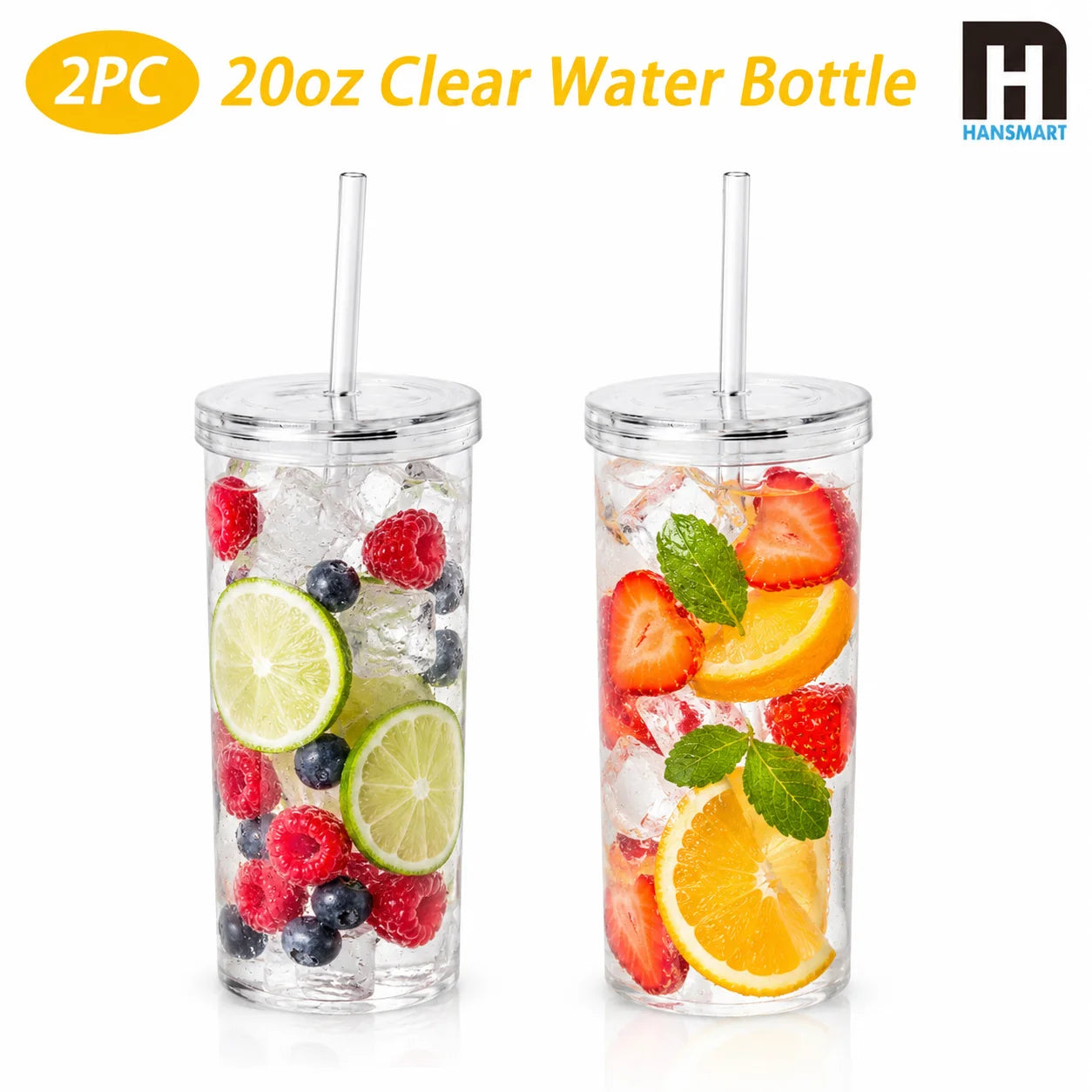 2-Piece Clear Plastic Tumblers With Lids And Straw