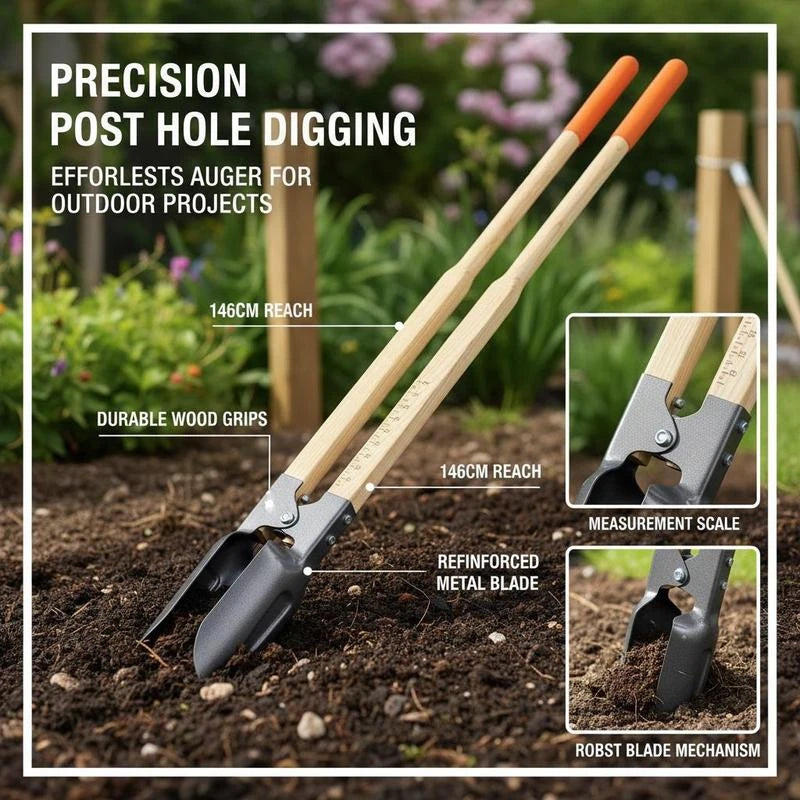 Manual Soil Auger 57.5-Inch For Fencing Landscaping Gardening, Wood Handle Scale Markings Metal Blade Heavy Duty Tool