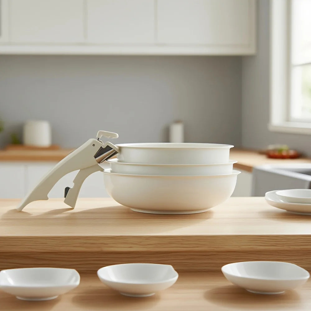 Three-Piece Nonstick Cookware Set With Removable Handle