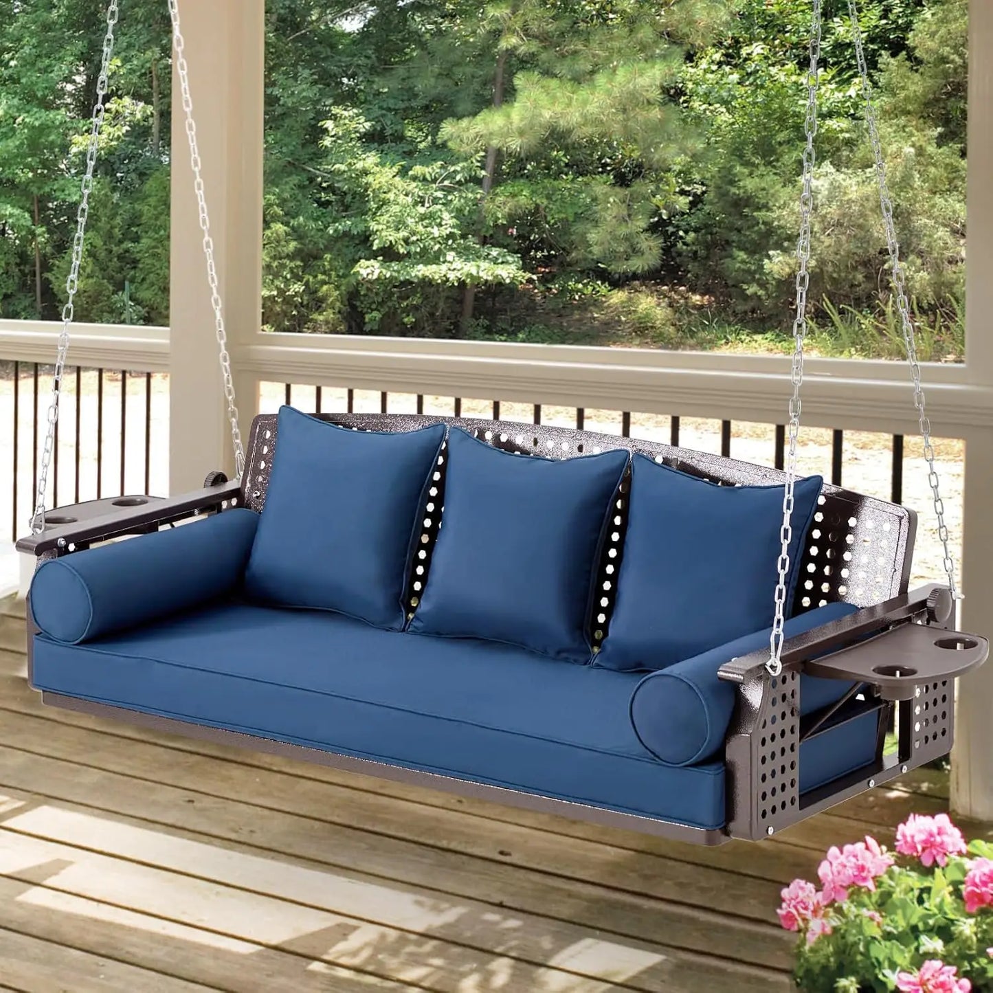 Three Seat Porch Swing With Cup Holders And Cushions