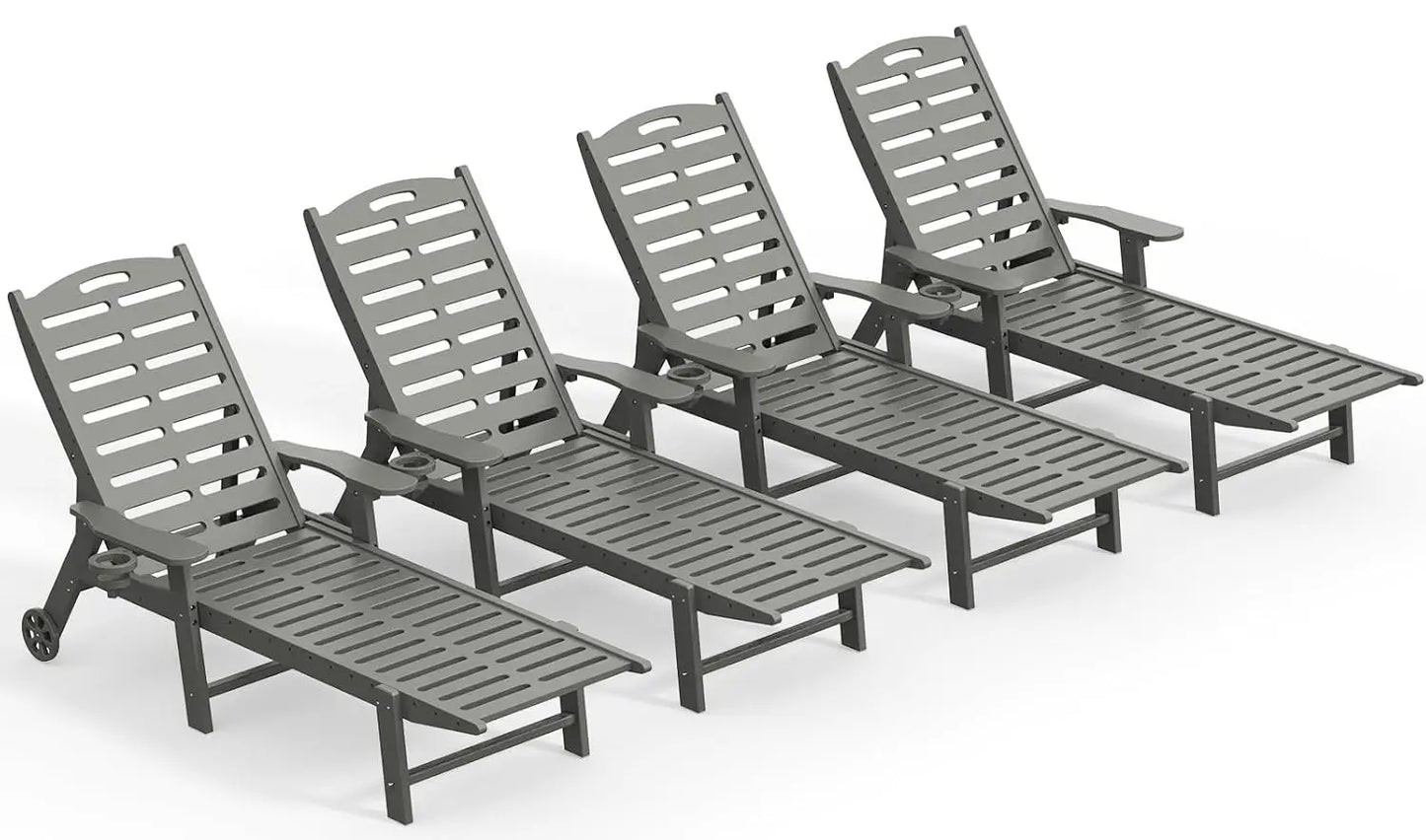 Heavy Duty HDPE Chaise Lounge Chairs Outdoor Set of 4, 5-Position Adjustable Patio Sun Loungers with Wheels & Cup, Customized