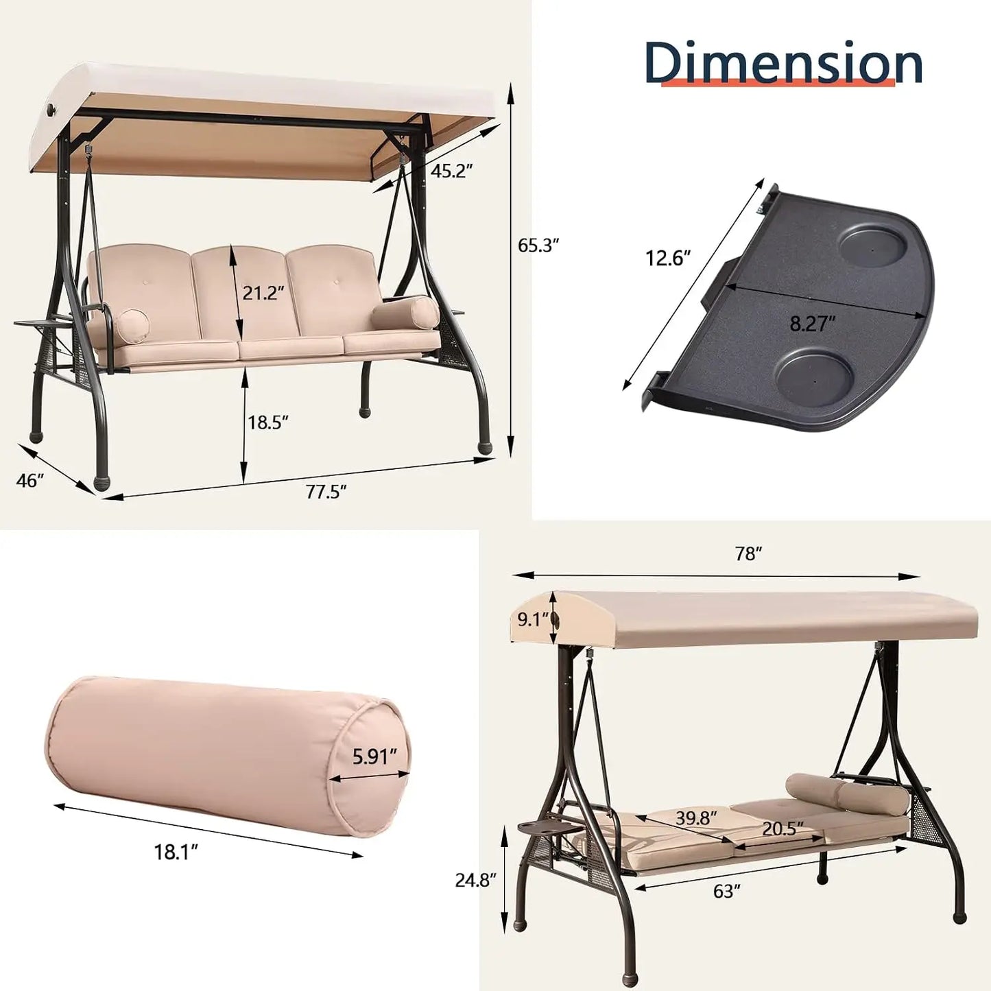 Patio Porch Swing, 3-Seat Outdoor Swing with Adjustable Canopy, Waterproof Fabric Cushion, Pillow and Foldable Side, Customized