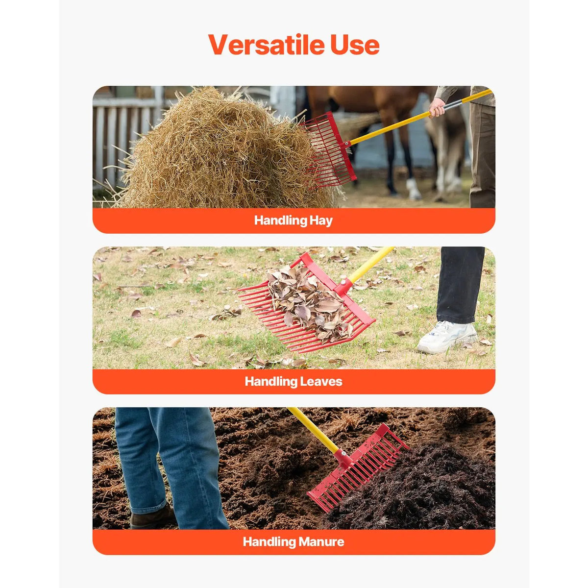 Manure Fork, 18 Angled Tines, Horse Manure Rake with Long Fiberglass Handle, 61 in Durable Plastic Pitchfork Muck Rake Tool for Gardening Horse Stall Stable Grass Hay Cleaning Farm Work
