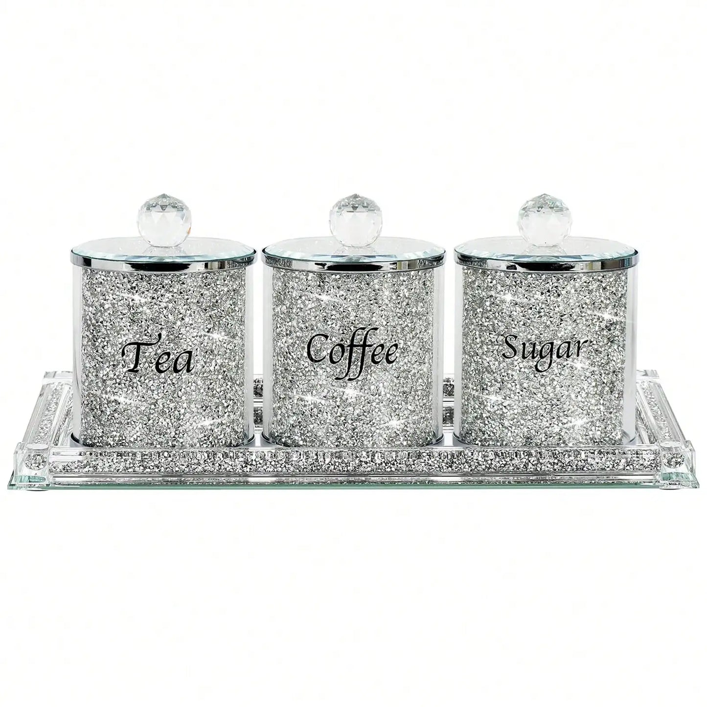 Coffee Sugar Tea Canister Set Sparkly Glam Crushed Diamond Kitchen Storage Container Set 4 Piece Silver Glass Jars With Lids And Mirrored Tray For Kitchen Countertop Coffee Bar Dining Room Home Decor Housewarming Gift