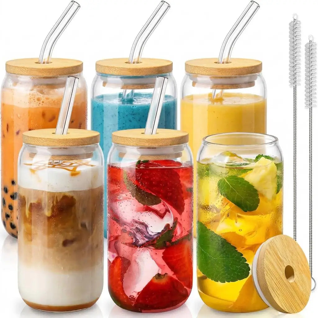 Glass Cups Set With Bamboo Lids Glass Straws And Brushes