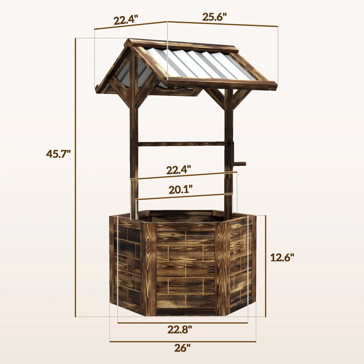 Hexagonal Raised Garden Bed with Galvanized Steel Canopy Carbonized Wooden Wishing Well Planter for Outdoor Patio Tan