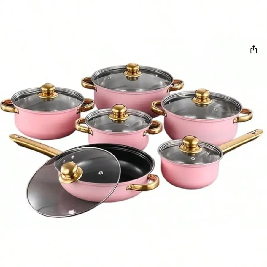 Stainless Steel Cookware Set Cute Nordic Nonstick Cookware Set Pink Stainless Steel With Gold Handles 18 Pcs Set Nonstick Coating For Gas Electric Induction Stove Home Kitchen Cooking