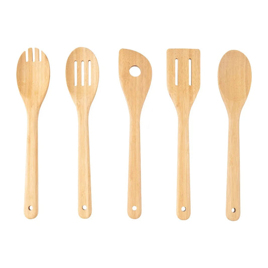 5 Pack Bamboo Spoons for Cooking Kitchen Utensil Set Wooden Stirring Spoons Essential Kitchen Tools Natural Wood Spatula for Stirring Mixing Serving