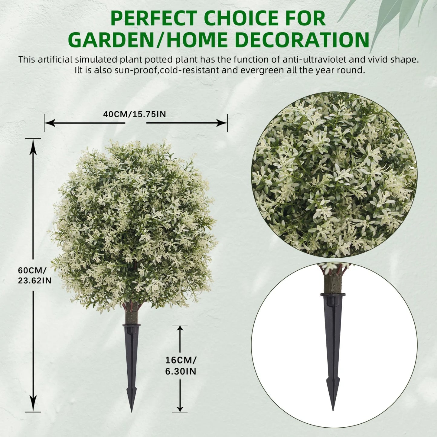 2 Pack Artificial Boxwood Topiary Ball Bush with Ground Spike, Faux Greenery Shrubs, Fake Boxwood Plants for Garden Porch
