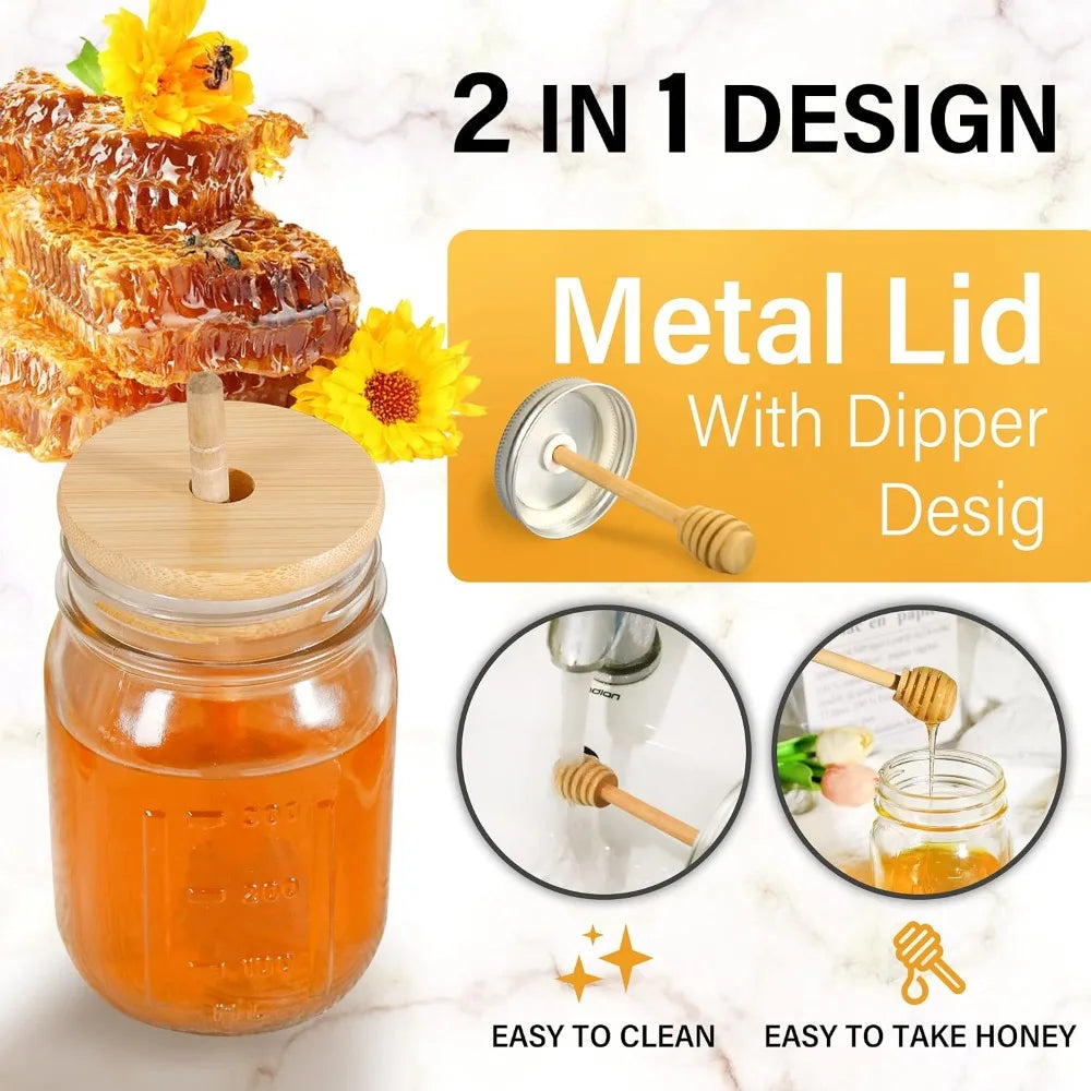 Glass Honey Jar With Dipper And Airtight Lid For Kitchen