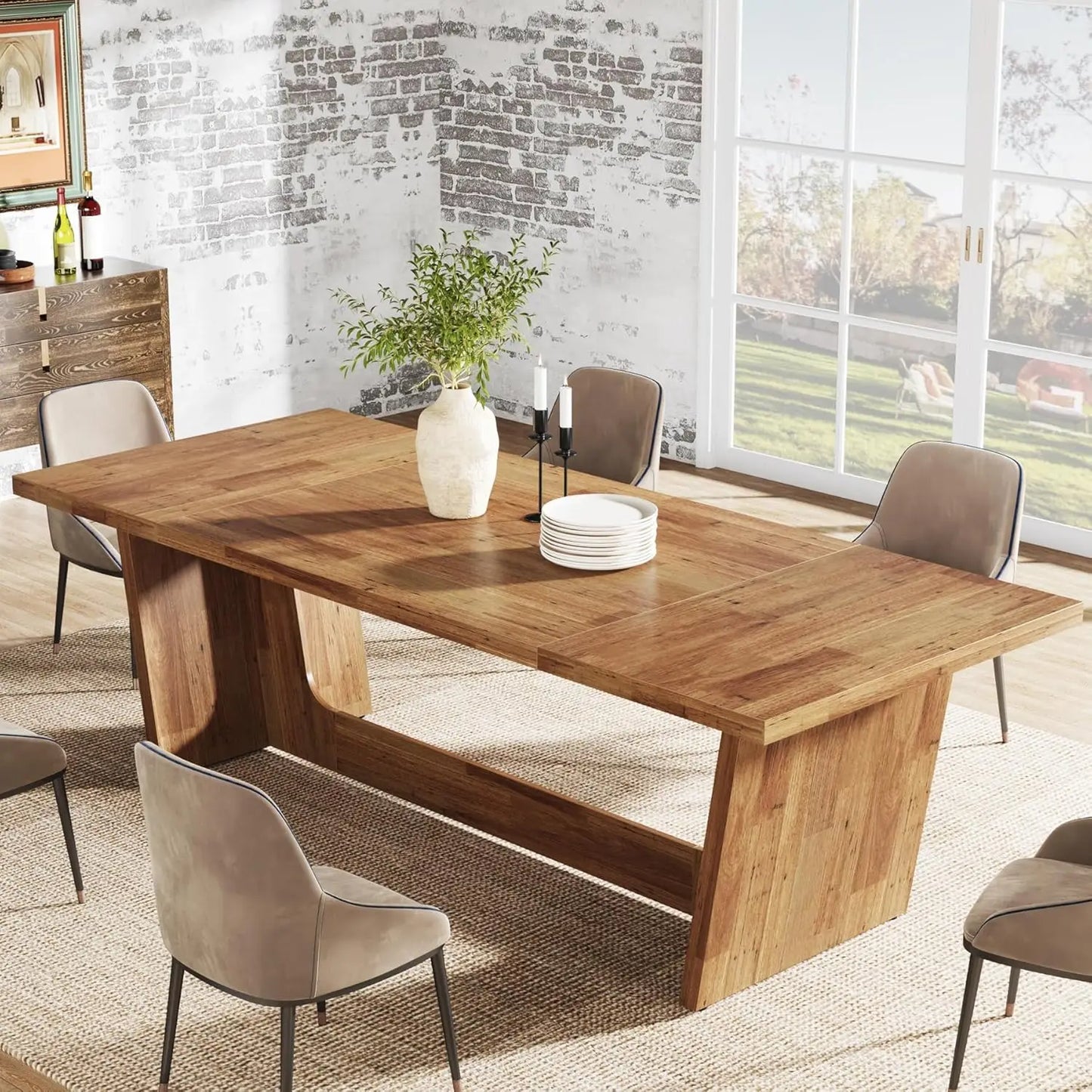 Dining Room Table: Rectangular Farmhouse Kitchen Table with Solid Pedestal, Rustic Long Dinner Table for Big Family