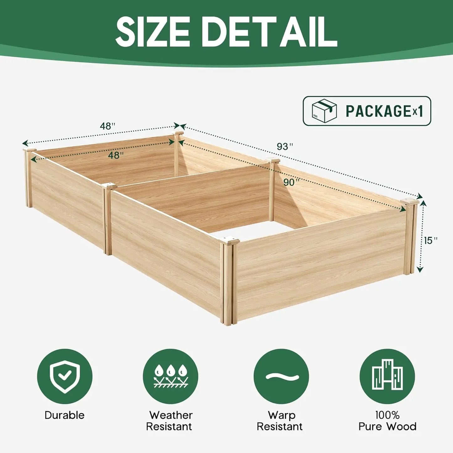 8x4 Ft Wood Raised Garden Bed 15in Deep Open Base Planter Box for Vegetables Herbs Flowers Outdoor Gardening, Customized