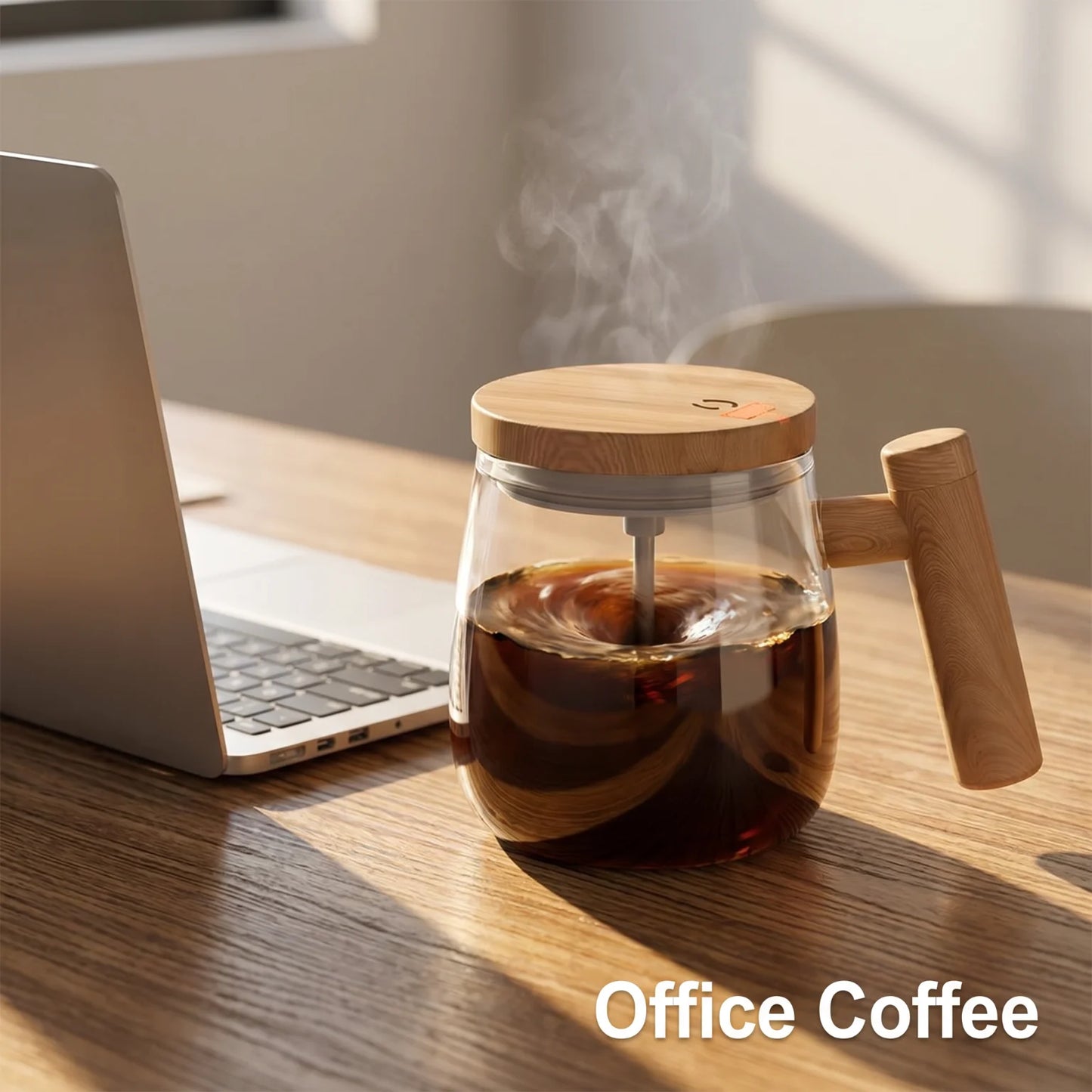 USB Dry Battery Powered Self Mixing Coffee Cup Large Capacity Automatic Stirring Glass Mug Leakproof Wooden Lid Electric Blender Cup for Home Office Travel