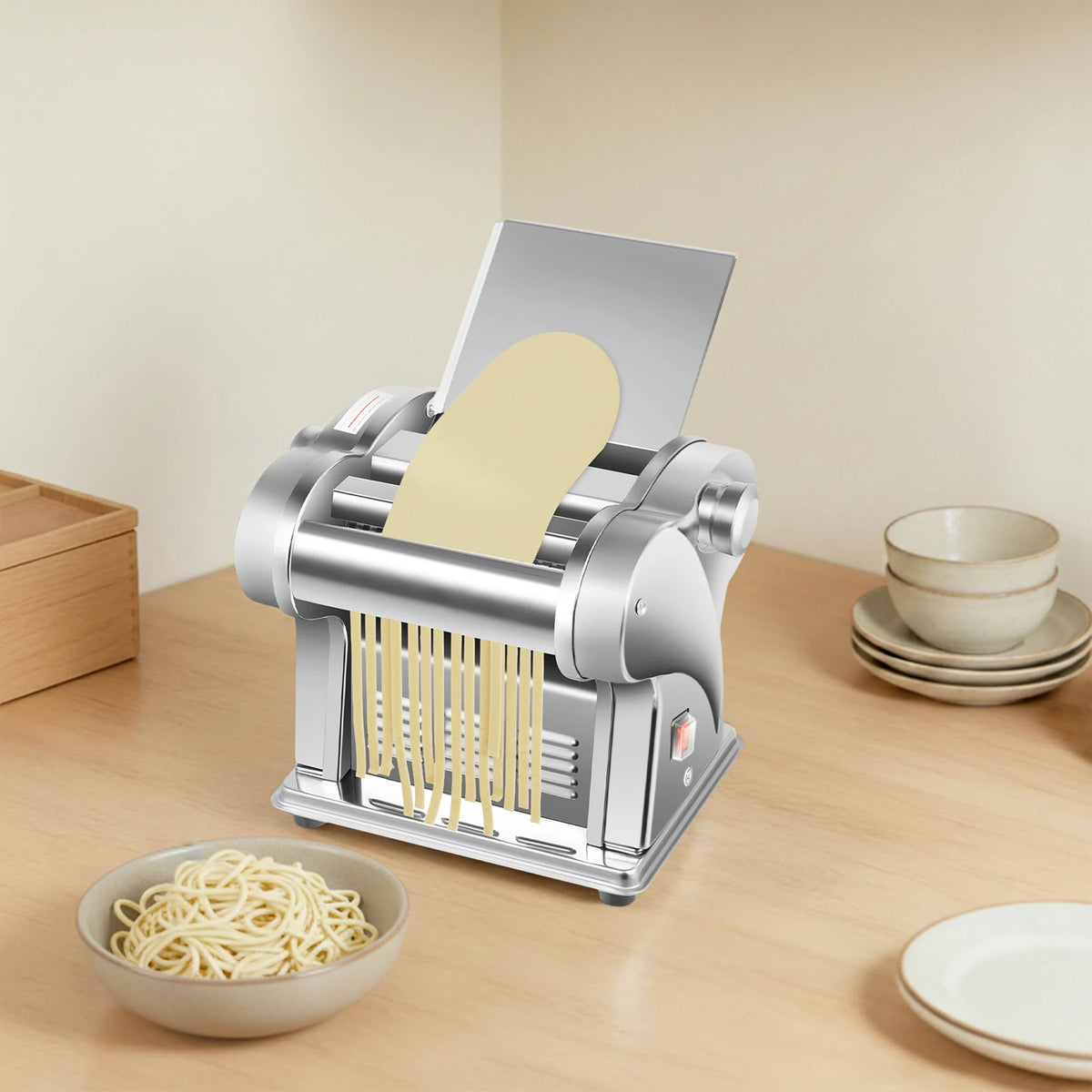 110V Stainless Steel  Electric Noodle Maker Machine, 135W Dual Blades 6 Thickness Settings Automatic Pasta Dough Roller Machine