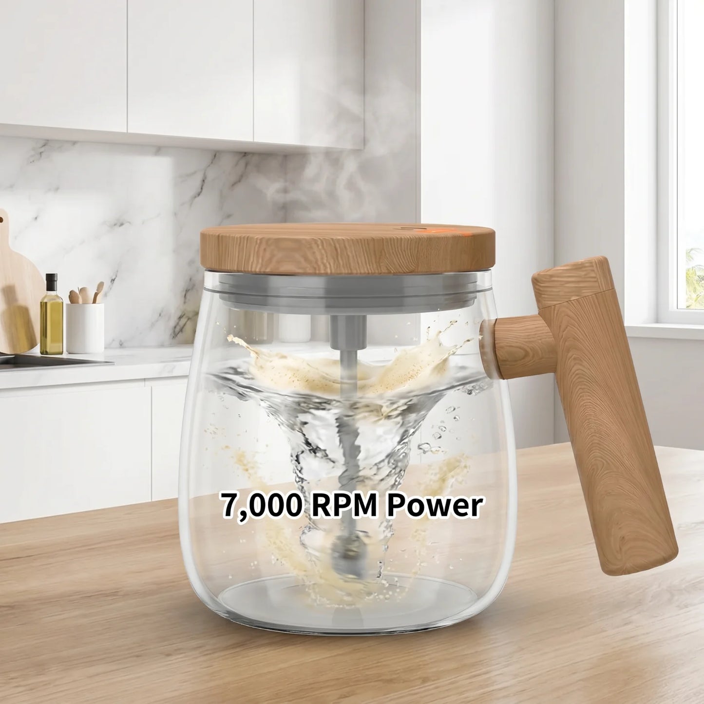 USB Dry Battery Powered Self Mixing Coffee Cup Large Capacity Automatic Stirring Glass Mug Leakproof Wooden Lid Electric Blender Cup for Home Office Travel