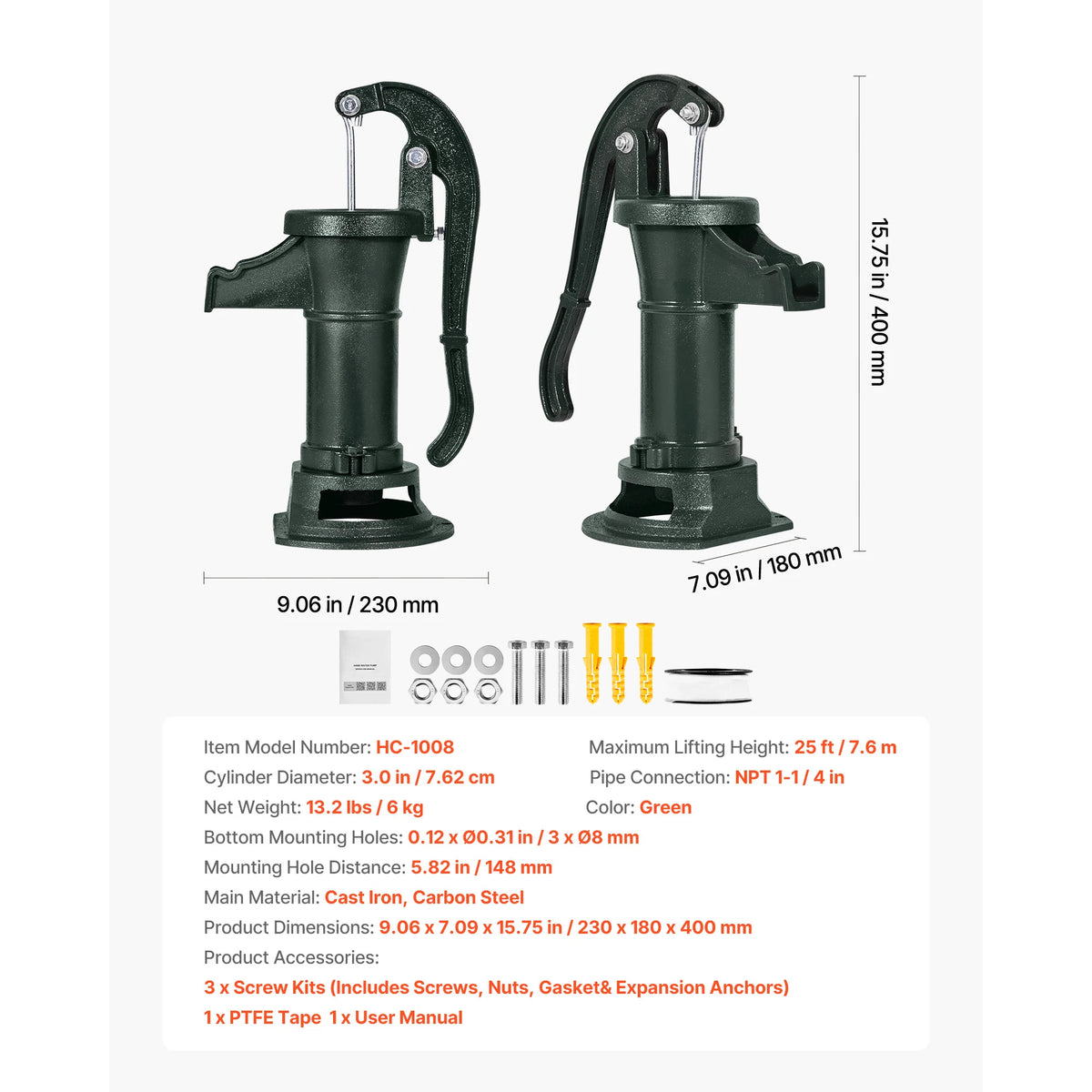 SucceBuy Well Hand Pitcher Pump 25 ft Maximum Lift Cast Iron NPT 1-1/4 in Connection for Garden Pond Farm Red/Black/Yellow/Green