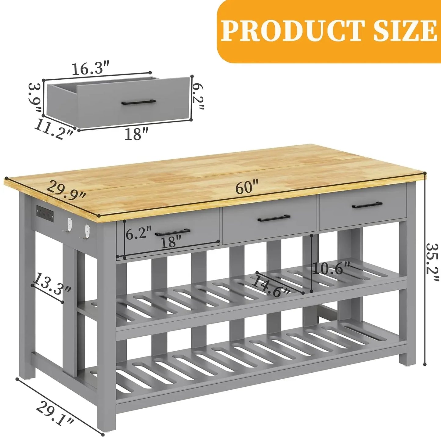 Rubberwood Kitchen Island With Power Outlets And Shelves Farmhouse Style