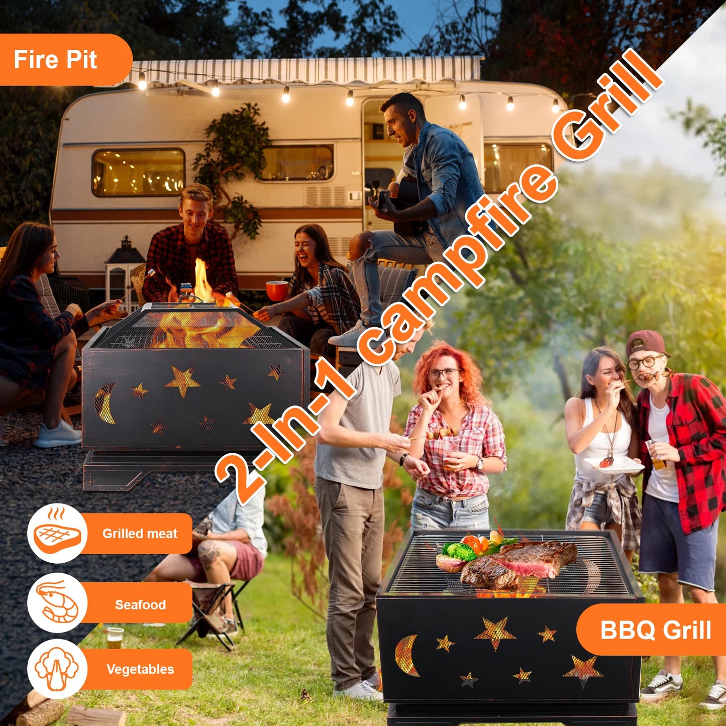 Wood Burning Fire Pit With Grill And Spark Screen Outdoor