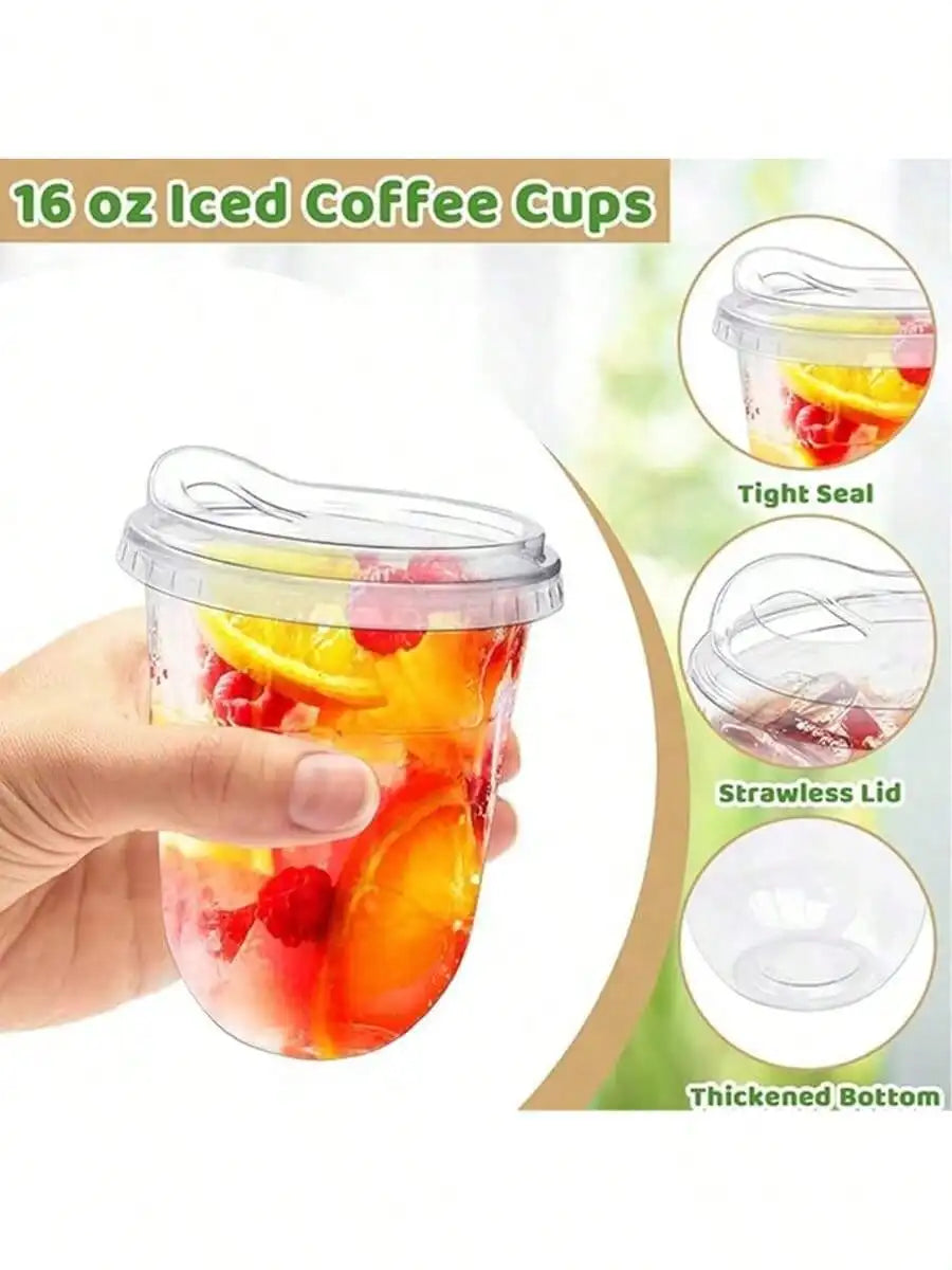 Clear PET Iced Coffee Cups With Strawless Sip Lids