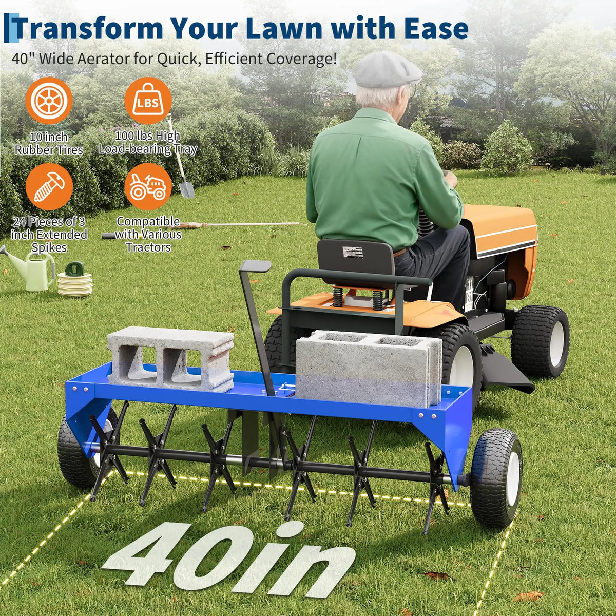 Heavy Duty 40-Inch Tow Behind Spike Aerator For Lawn Tractor ATV, Universal Hitch, 6 Rotating Steel Plates, 2-Inch Depth