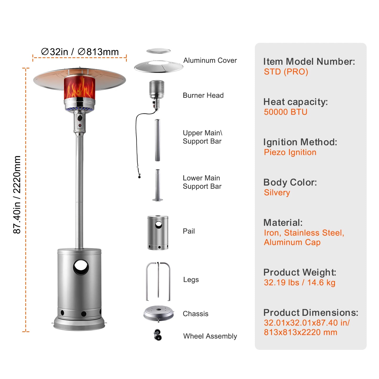 SucceBuy Patio Heater for Outdoor Use Tall Hammered With Round Table Design Metal Burner and Wheels Fixed Flame Heater for Patio