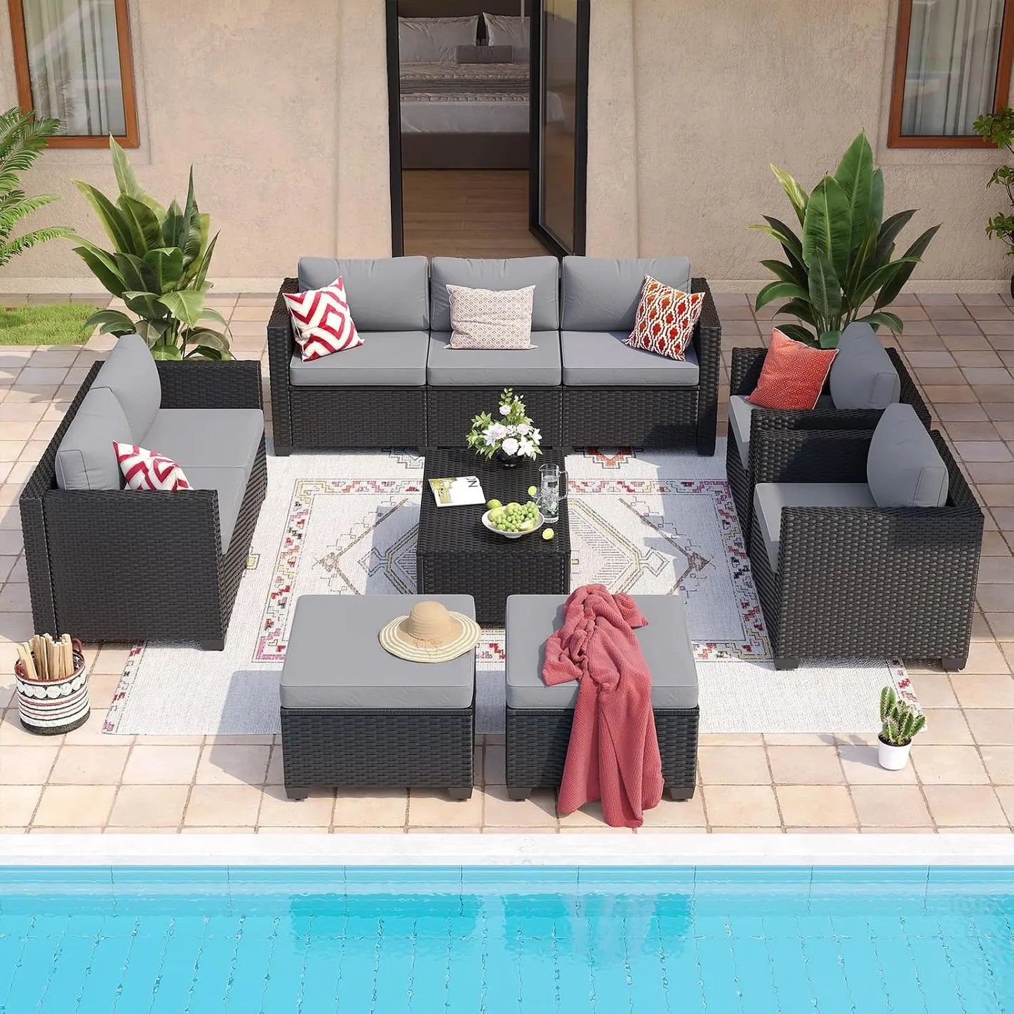 10 Piece Outdoor Patio Furniture Set 9 Seats, Outdoor Sectional with Thick Waterproof Cushions, Patio Conversation Sets, Custom