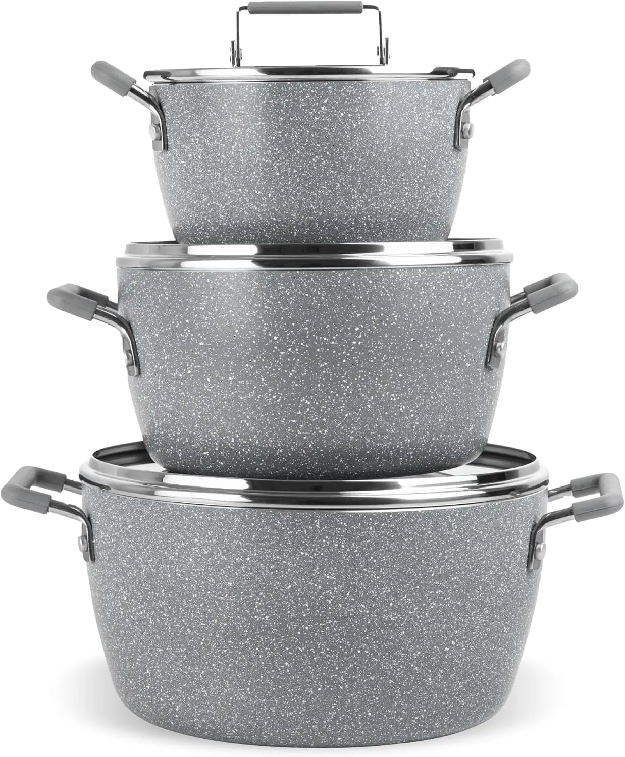 Nonstick Stackable Pots Set Six Piece Gray Granite Coated Cookware Lids
