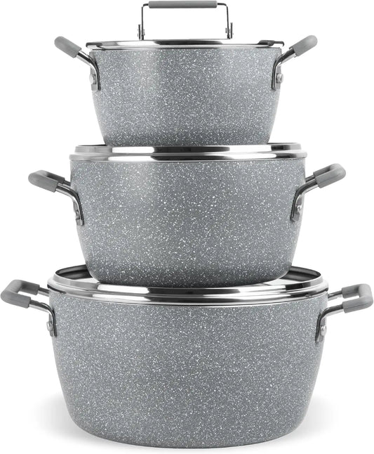 Nonstick Stackable Pots Set Six Piece Gray Granite Coated Cookware Lids