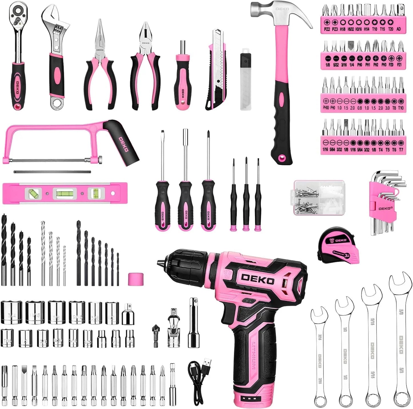 DEKO Cordless Drill Tool Set and Mechanic Toolbox