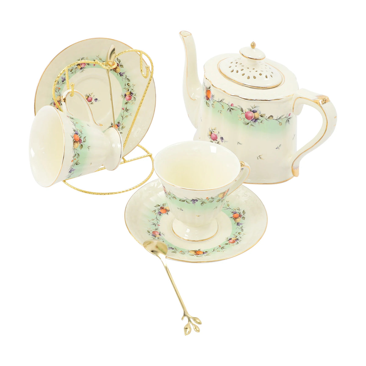 Porcelain Tea Set for 2, European Style Ceramic Tea Set with Teapot Cups Saucers, Includes Iron Stand 27oz