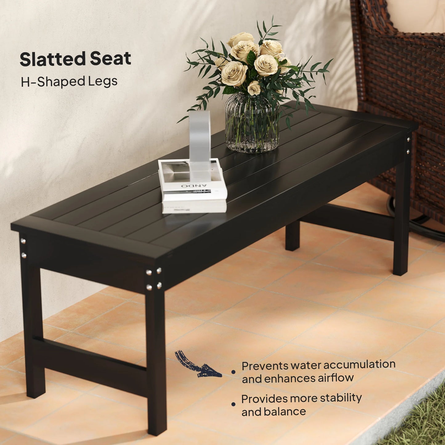 47" HDPE Outdoor Bench, Backless Slatted Garden Bench Seat, Black