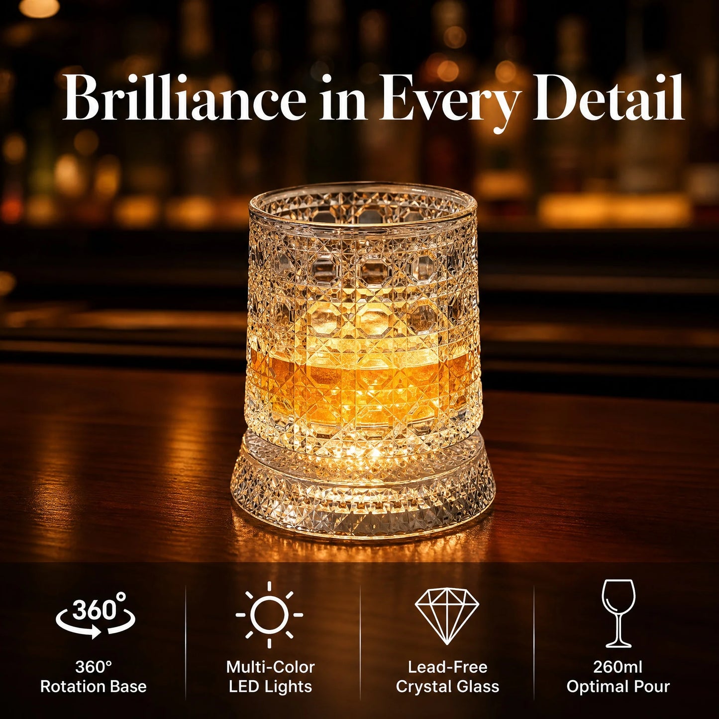 Rotating Whiskey Glass With LED Light Up Coaster Set