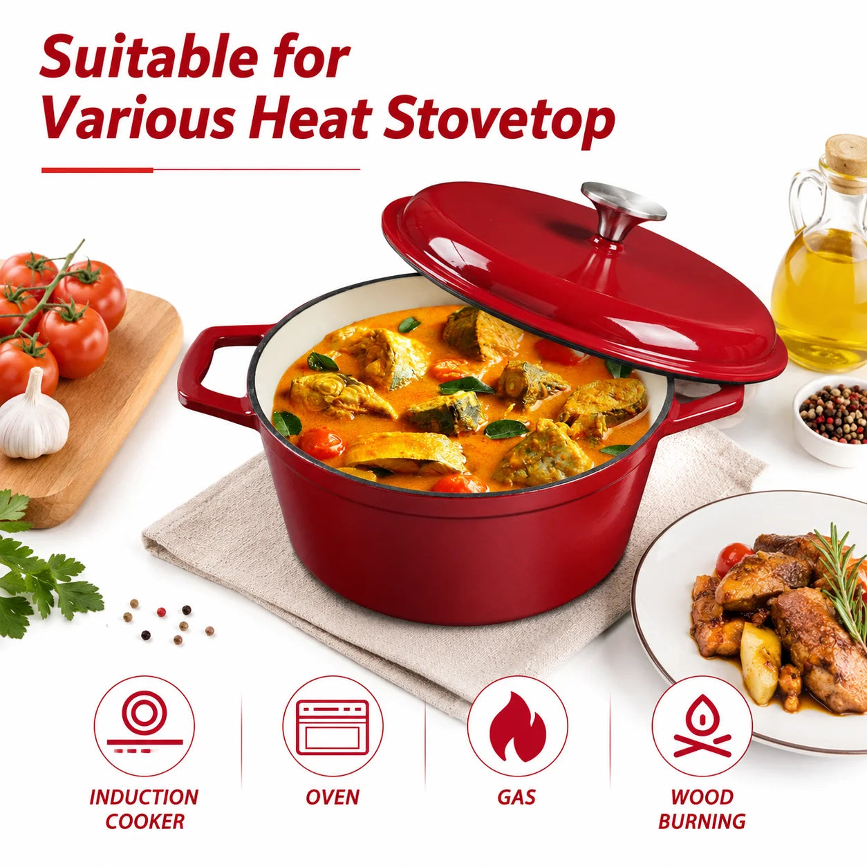 HanSmart Enameled Cast Iron Dutch Oven With Lid For Braising