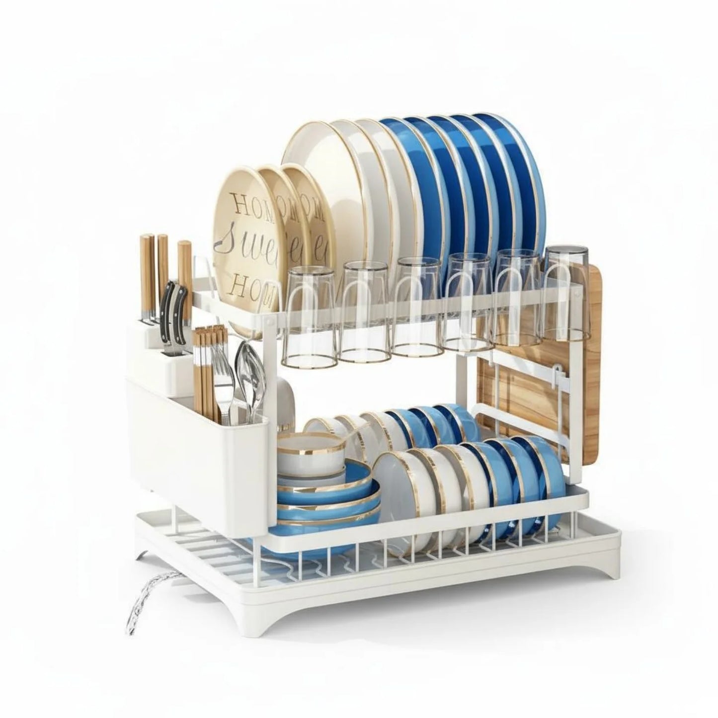 2-Tier Dish Drying Rack with Drainage Tray, Large Capacity Metal Dish Rack with Cup Holder, Utensil Cutter Holder & Knife Slots, Multi-Functional Kitchen Countertop Dish Organizer for Plates Bowls Glasses