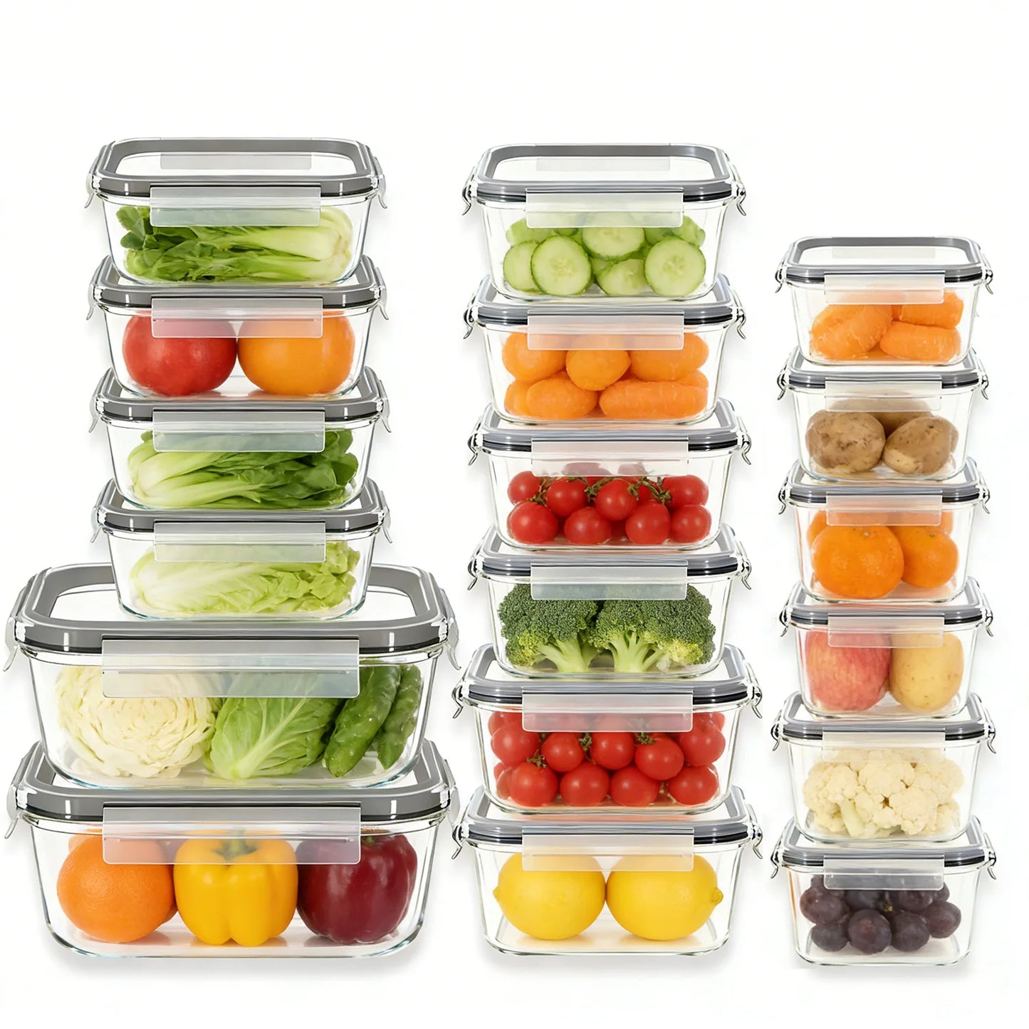 Glass Food Storage Containers Set, Airtight Leak‑Proof Glass Meal Prep Containers with Lids, Multi‑Sizes Reusable Lunch Box for Kitchen Fridge Freezer Microwave Dishwasher Safe, Food Organizer