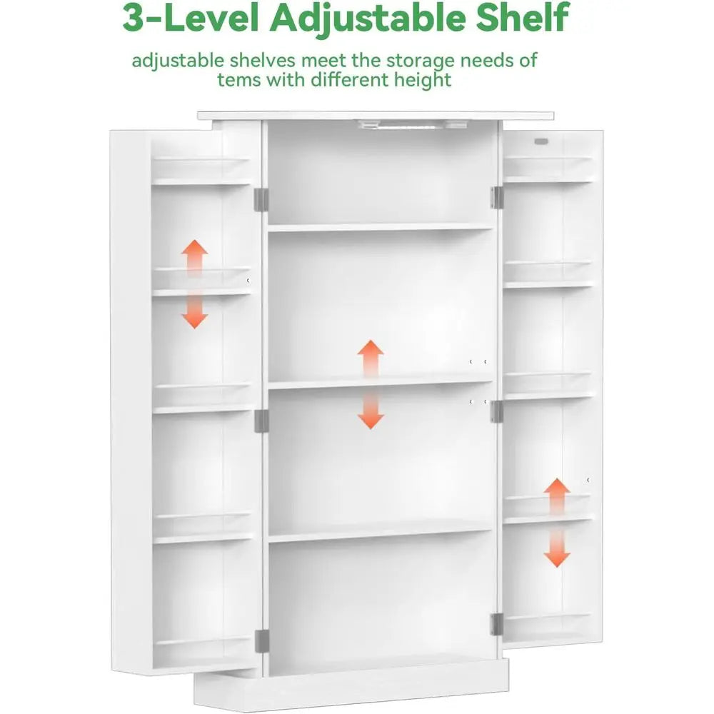 50 White LED-Lit Kitchen Pantry Cabinet with Adjustable Shelves for Storage in Kitchen, Living, and Dining Spaces