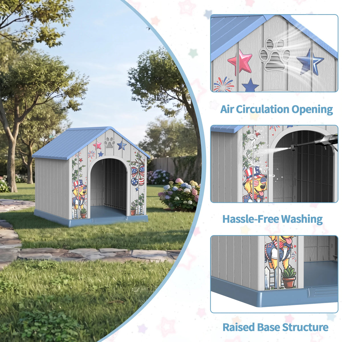 Outdoor Plastic Dog House, Weatherproof Pet Shelter with Printed Pattern Door, Outdoor Dog Cabin for Small Medium Dogs