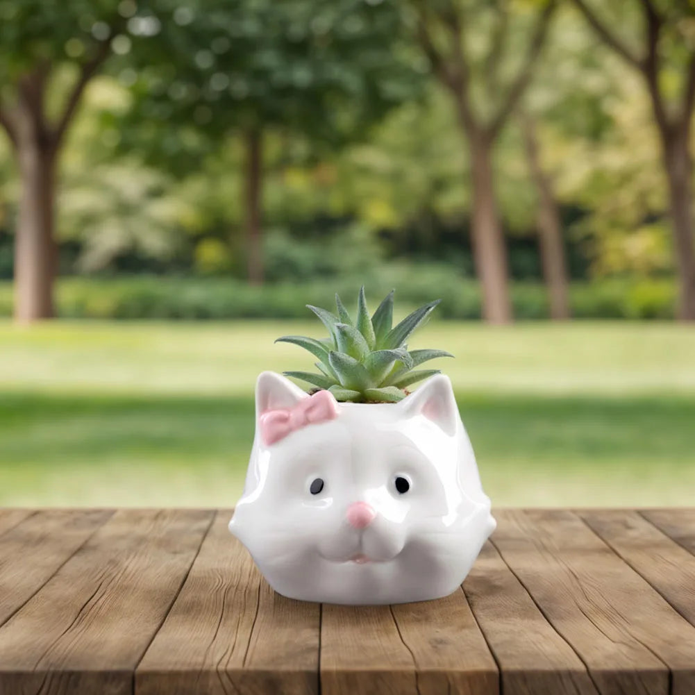 Cat Ceramic Succulent Pot Cartoon Bonsai Pot Decorative Small Plant Holder Multi-Function Flower Planter Pot for Micro Landscape