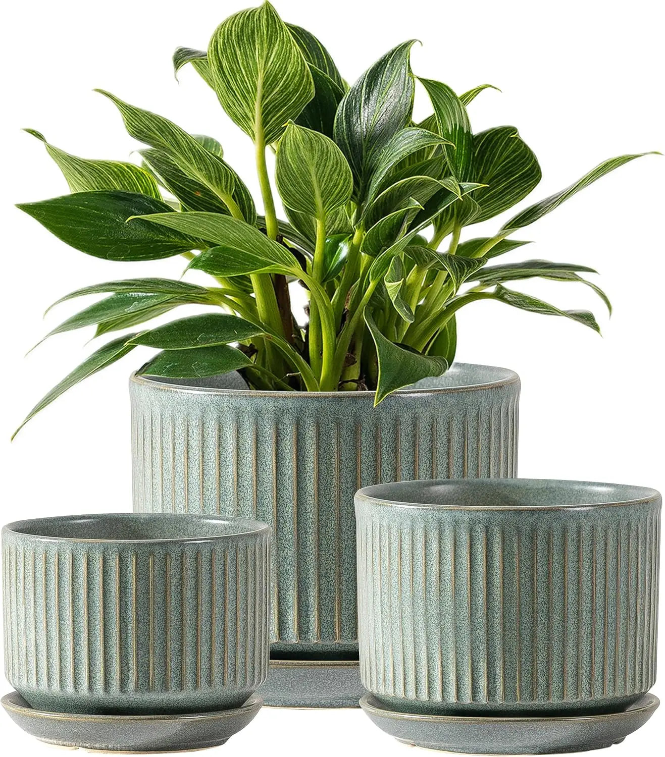 SURE YUESI Ceramic Plant Pots Set of 3, Indoor Outdoor Planters with Drainage Hole and Saucer, Ceramic Flower Pots for Indoor Plants, 4.3+5.5+6.8 Inch, Home, Garden, Patio and Office, Matte Green