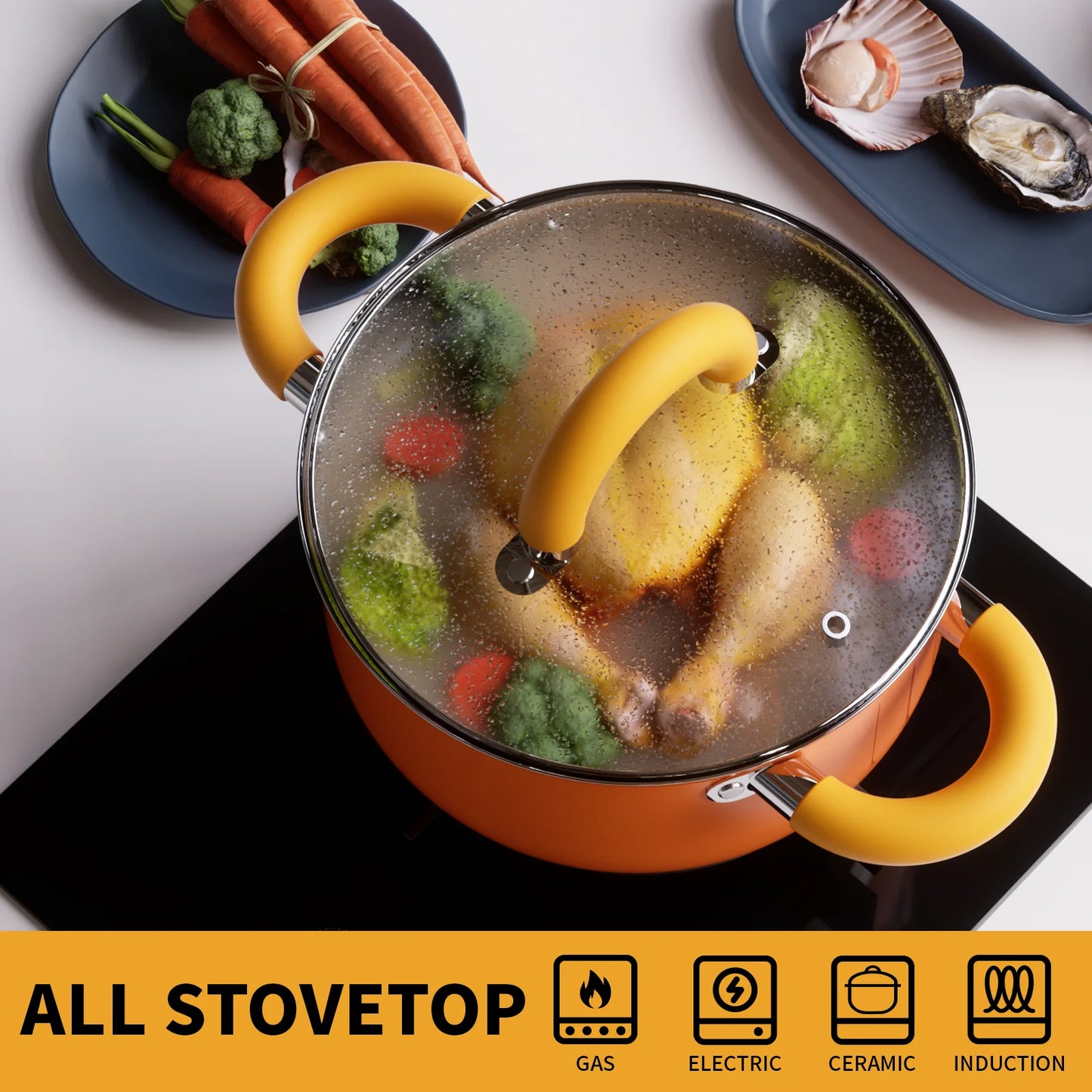 Stainless Steel Cookware Set with Steamer & Lids – Fast Heating,8.5 in/21.59cm, Ergonomic Handles, Induction Ready, Dishwasher Safe