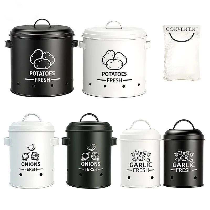 Metal Potato Onion & Garlic Storage Containers with Lids & Air Holes – Stackable 3 Sizes Space-Saving for Kitchen Counter Black