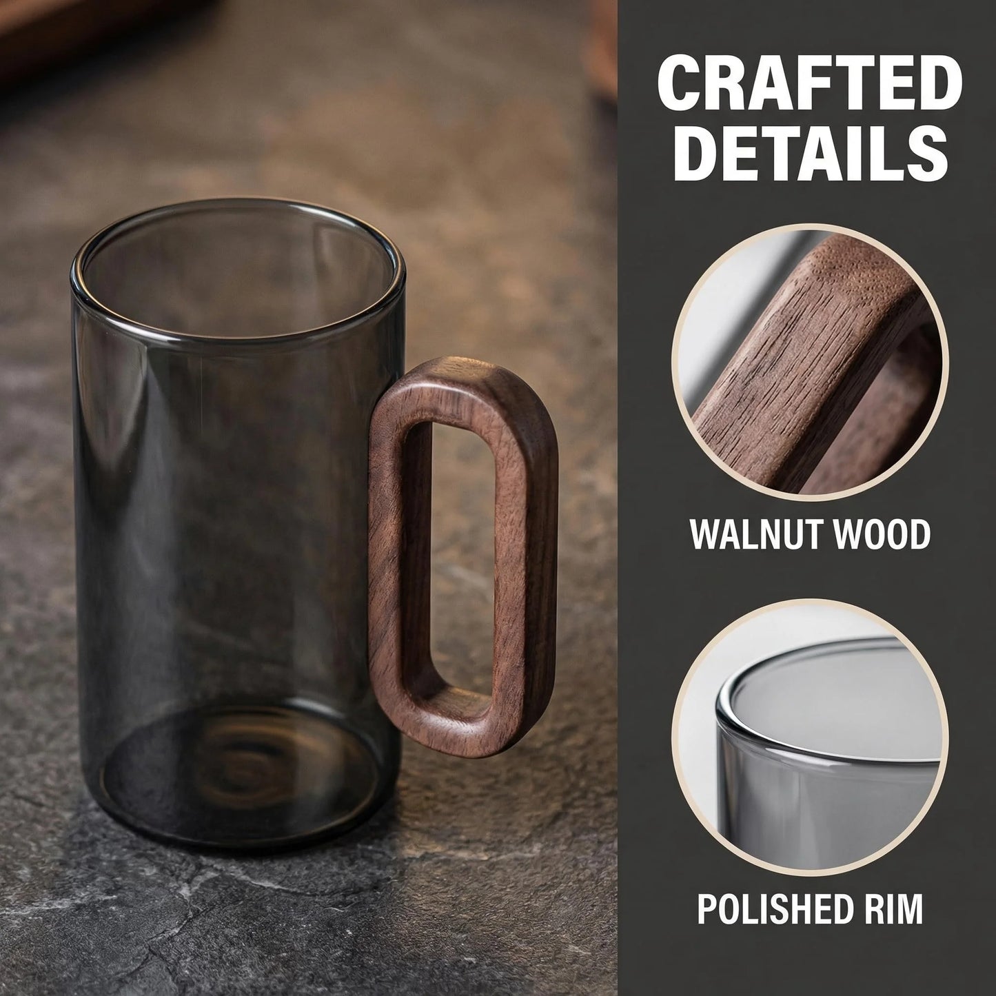 Borosilicate Glass Coffee Mugs With Walnut Handle Dishwasher Safe